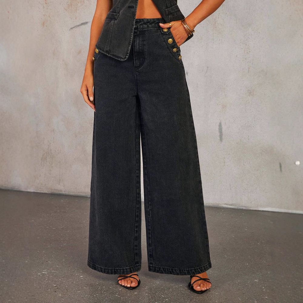 Women’s Two-Piece Denim Suit Set – Sleeveless Button Vest & Wide-Leg Jeans (Sizes S–XL, Washed Blue)
