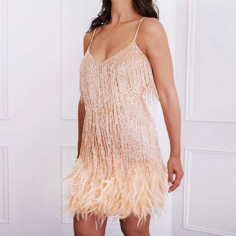 Sexy Tassel Sequins Feather Mini Dress Women V Neck Spaghetti Strap Stitching Dresses Female Elegant Evening Party Club Dress