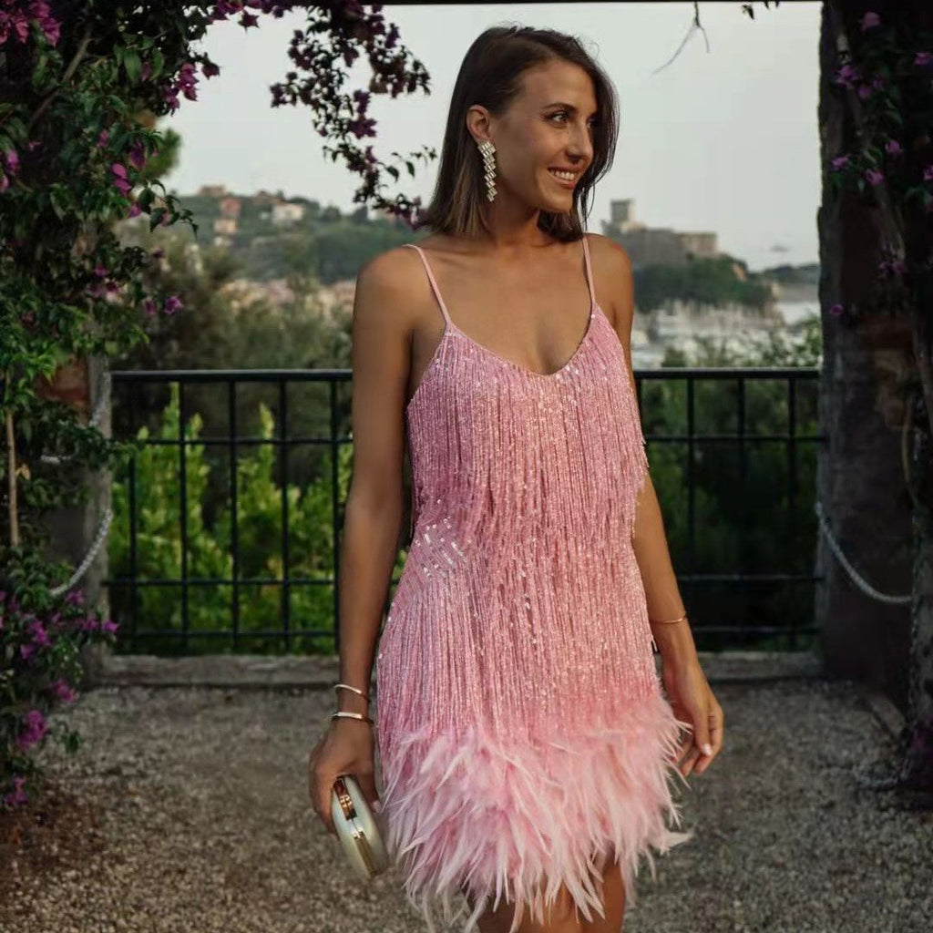 Sexy Tassel Sequins Feather Mini Dress Women V Neck Spaghetti Strap Stitching Dresses Female Elegant Evening Party Club Dress