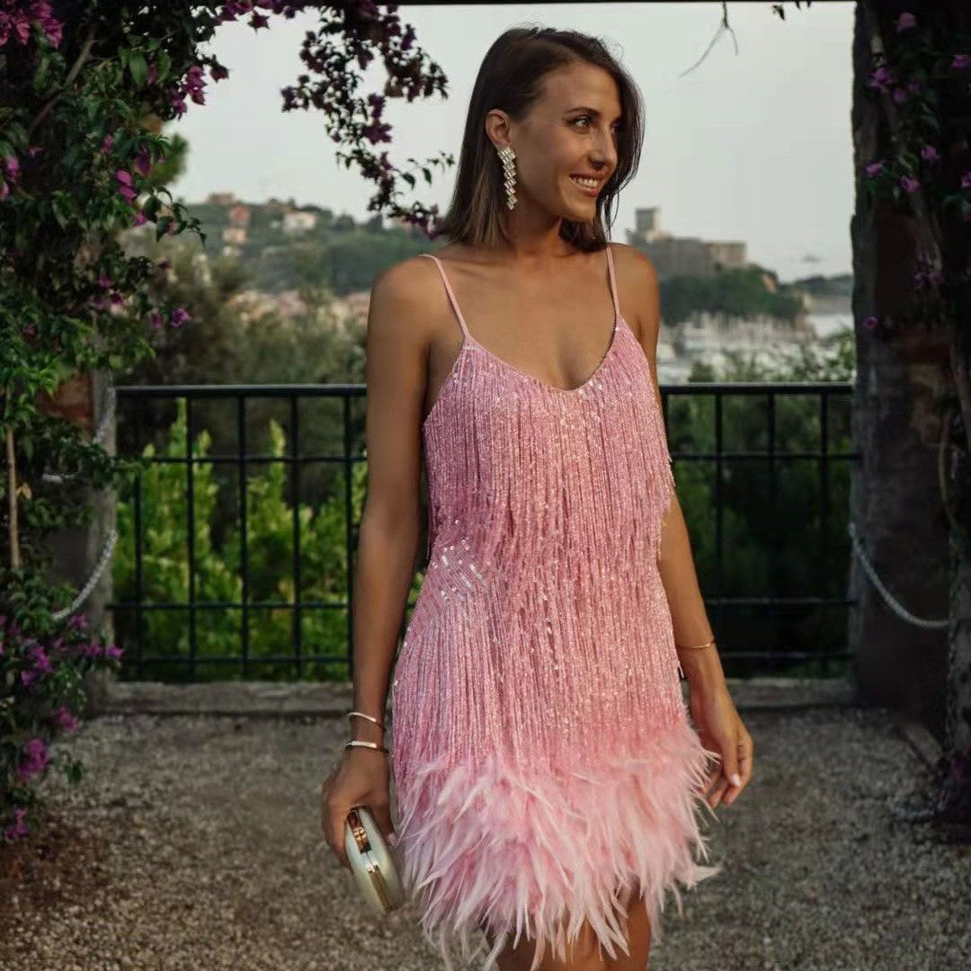 Sexy Tassel Sequins Feather Mini Dress Women V Neck Spaghetti Strap Stitching Dresses Female Elegant Evening Party Club Dress