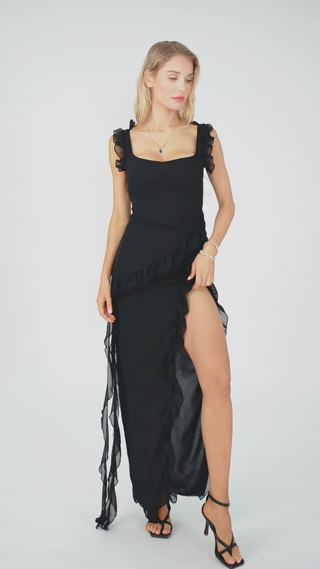 Women's Sexy Ruffle Thigh High Split Spaghetti Strap Backless Evening Dress – Square Neck Sleeveless Bodycon Long Party Dress for Club & Formal Events