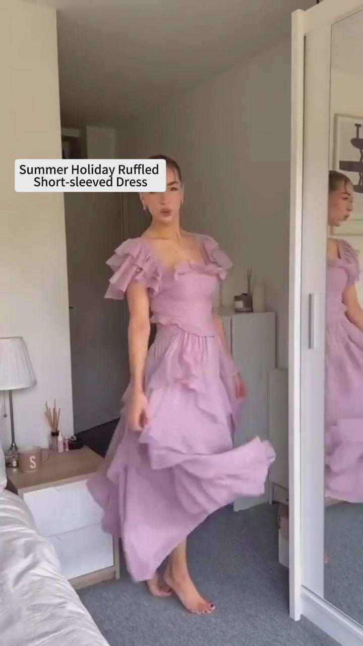 Summer Holiday Ruffled Short-sleeved Dress Fashion Backless Square Neck Long Dresses For Party Womens Clothing