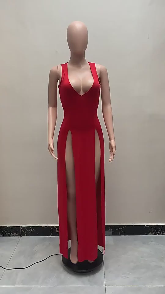 Long Dress Women's Deep V Strap Sleeveless Split