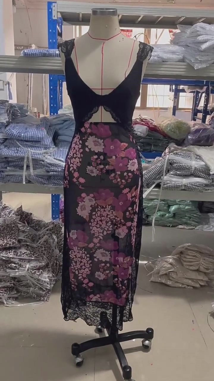 Slim V-neck Lace Shoulder-strap Dress Stitching Flowers Print Long Dresses Summer Women's Clothing